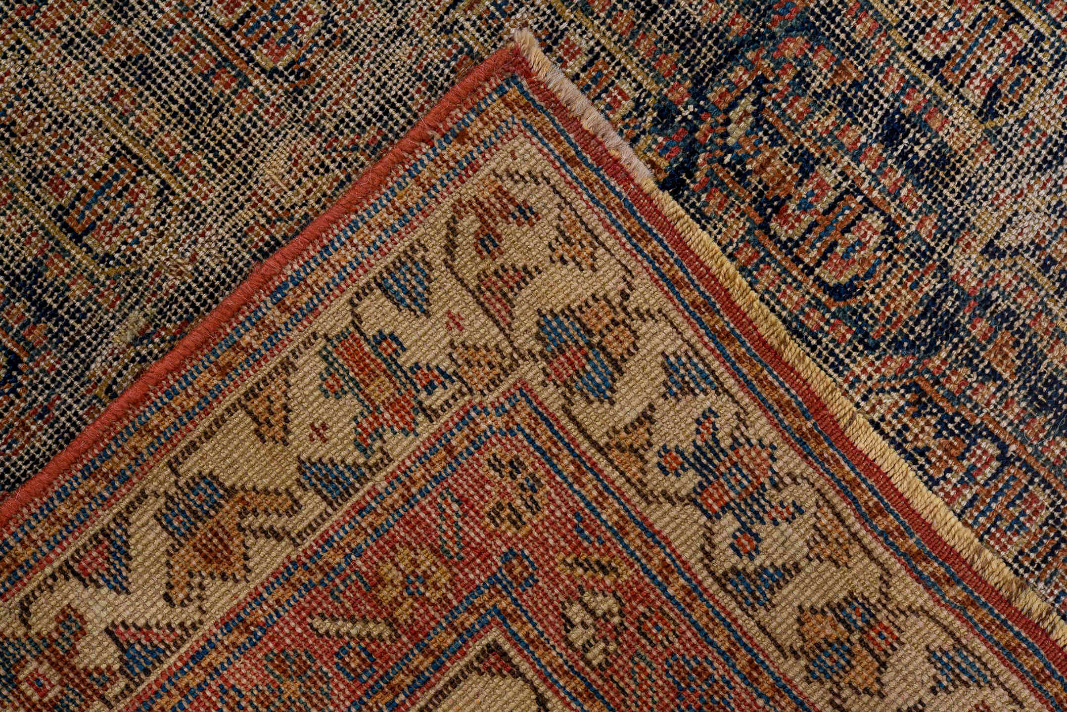 4' x 5' one-of-a-kind handmade vintage Afshar small size rug. Color palette: taupe, ivory, rust, navy, brick, camel, beige