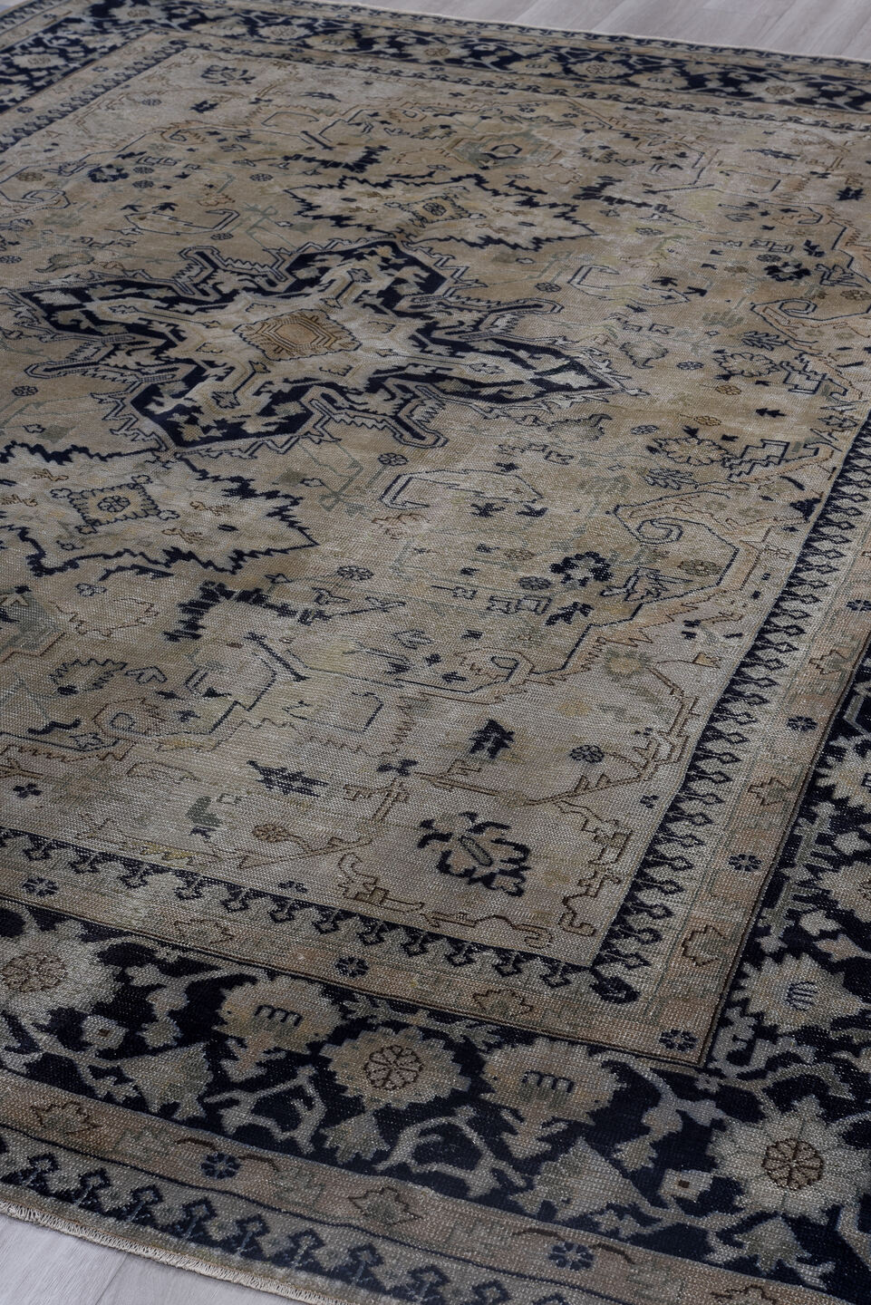9' x 11' one-of-a-kind handmade antique Sparta large size rug. Color palette: ivory, navy, beige, taupe, slate, charcoal