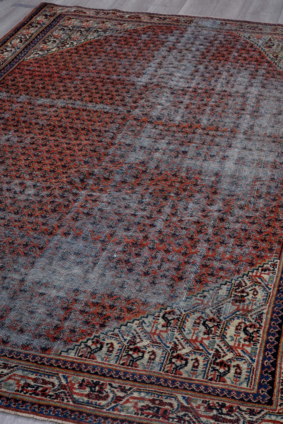 6' x 9' one-of-a-kind handmade vintage Saraband medium size rug. Color palette: blue-gray, ivory, red, navy, charcoal, gray