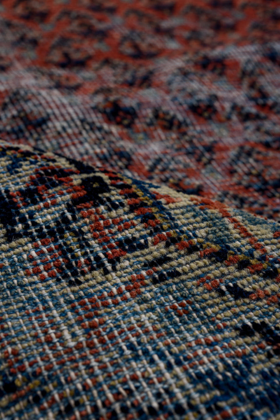 6' x 9' one-of-a-kind handmade vintage Saraband medium size rug. Color palette: blue-gray, ivory, red, navy, charcoal, gray
