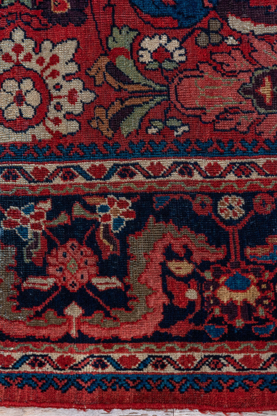 8' x 11' one-of-a-kind handmade antique Mahal large size rug. Color palette: red, navy, ivory, sky_blue, camel, burgundy