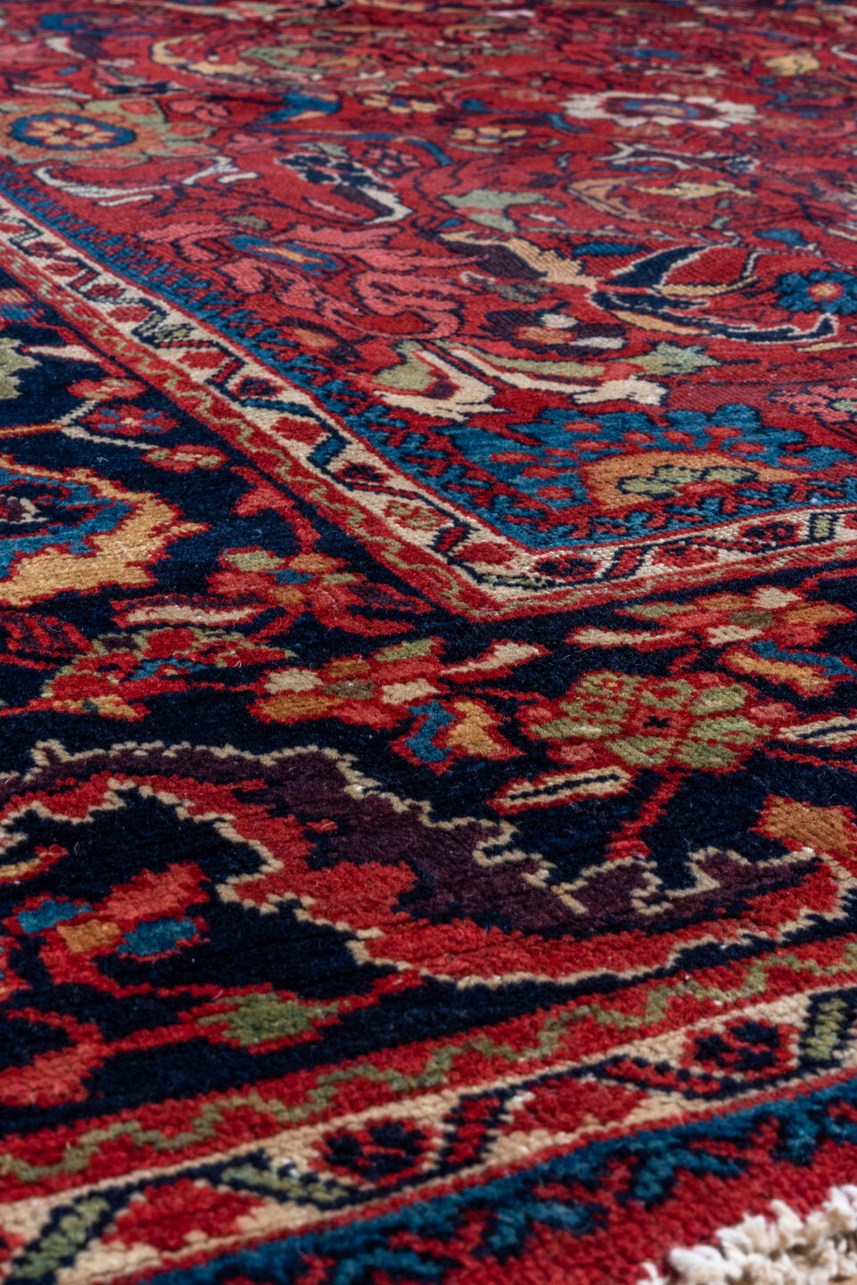 8' x 11' one-of-a-kind handmade antique Mahal large size rug. Color palette: red, navy, ivory, sky_blue, camel, burgundy