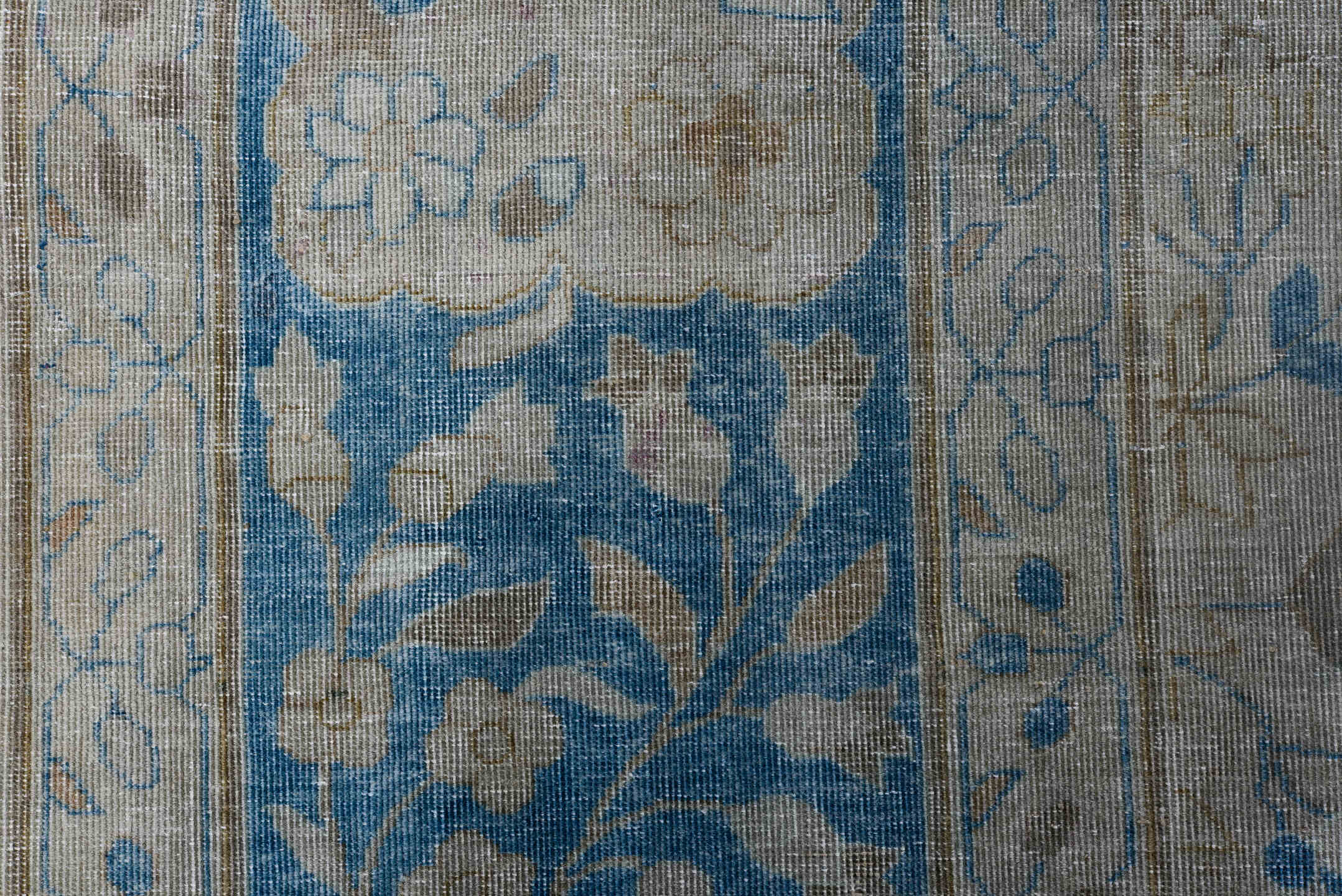 9' x 14' one-of-a-kind handmade vintage Laristan large size rug. Color palette: blue, dark gray, dim gray, fiord, gray