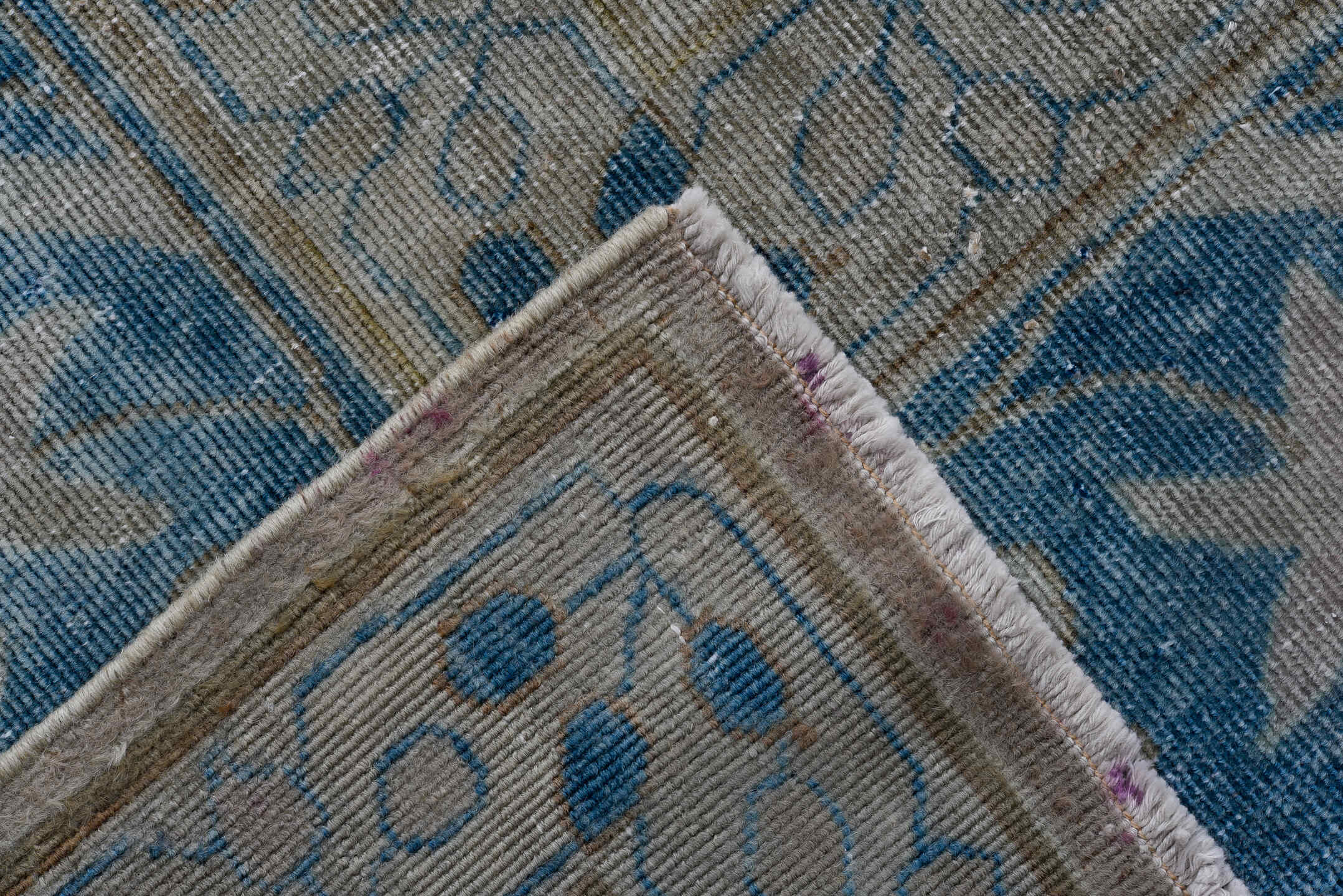 9' x 14' one-of-a-kind handmade vintage Laristan large size rug. Color palette: blue, dark gray, dim gray, fiord, gray