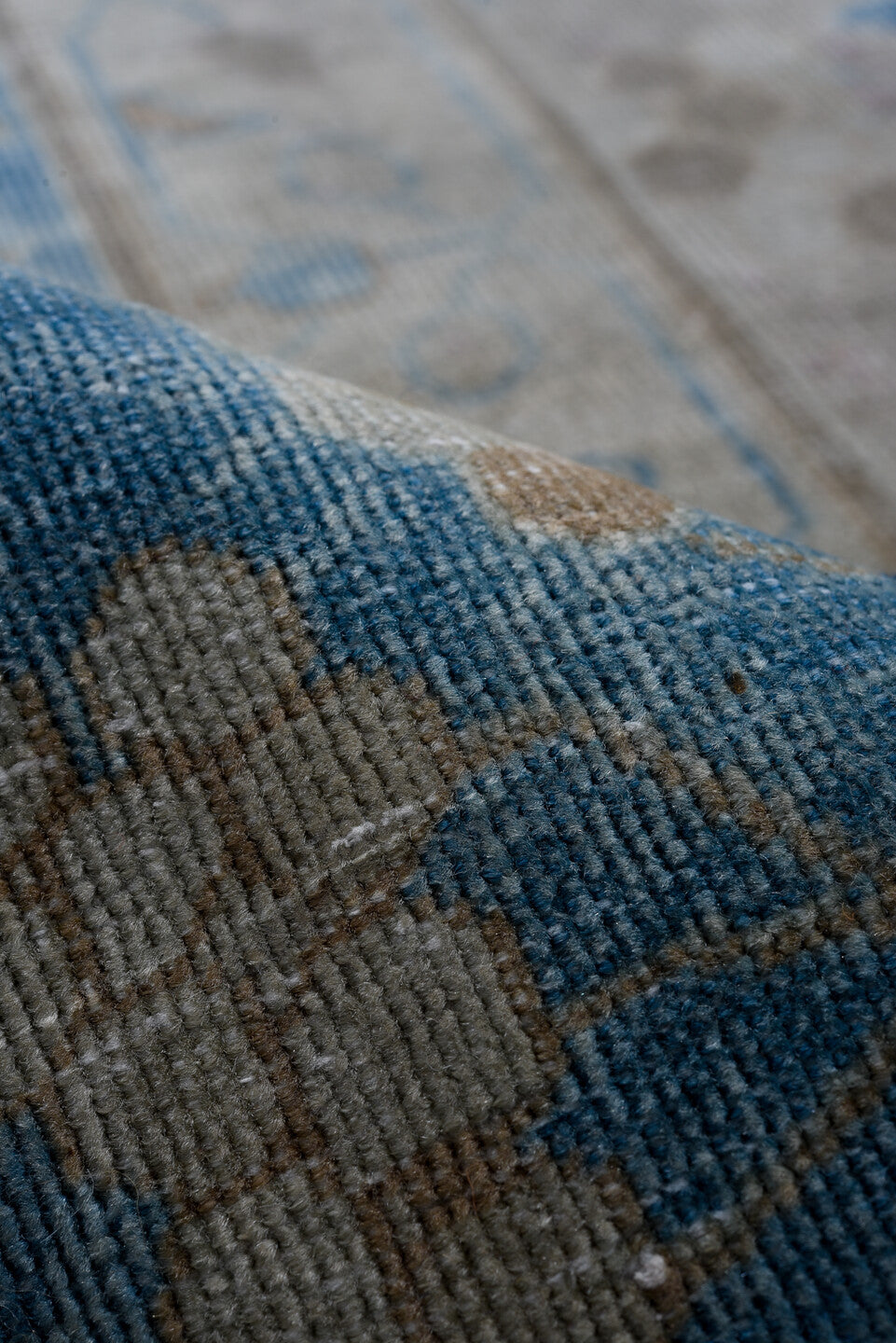 9' x 14' one-of-a-kind handmade vintage Laristan large size rug. Color palette: blue, dark gray, dim gray, fiord, gray