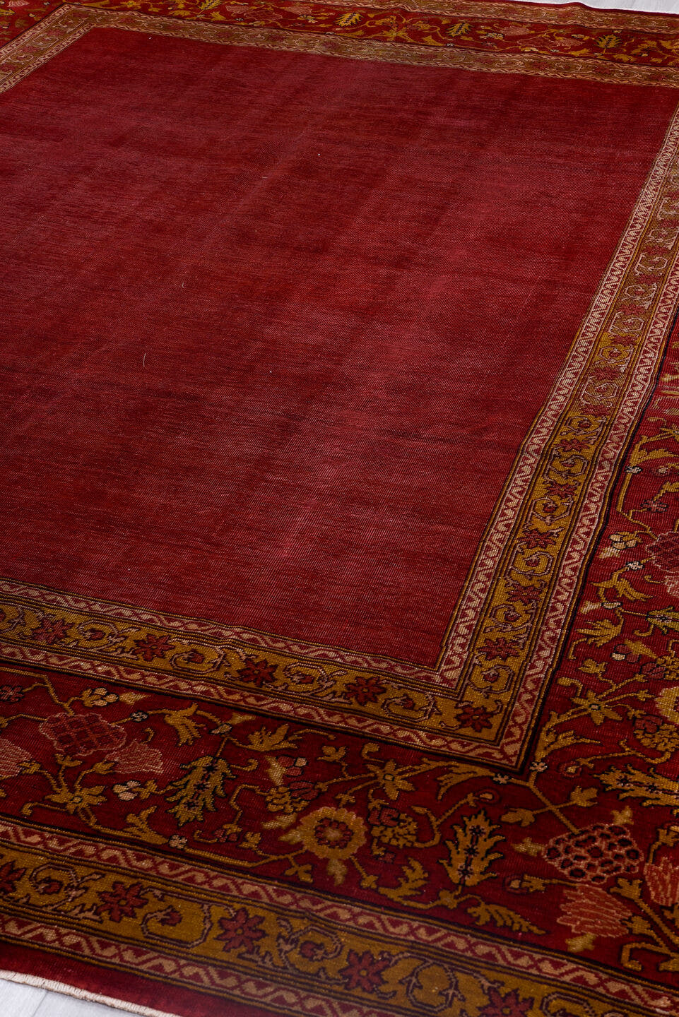 9' x 12' one-of-a-kind handmade antique Agra large size rug. Color palette: red, burgundy, camel, ivory, gold, rose, olive