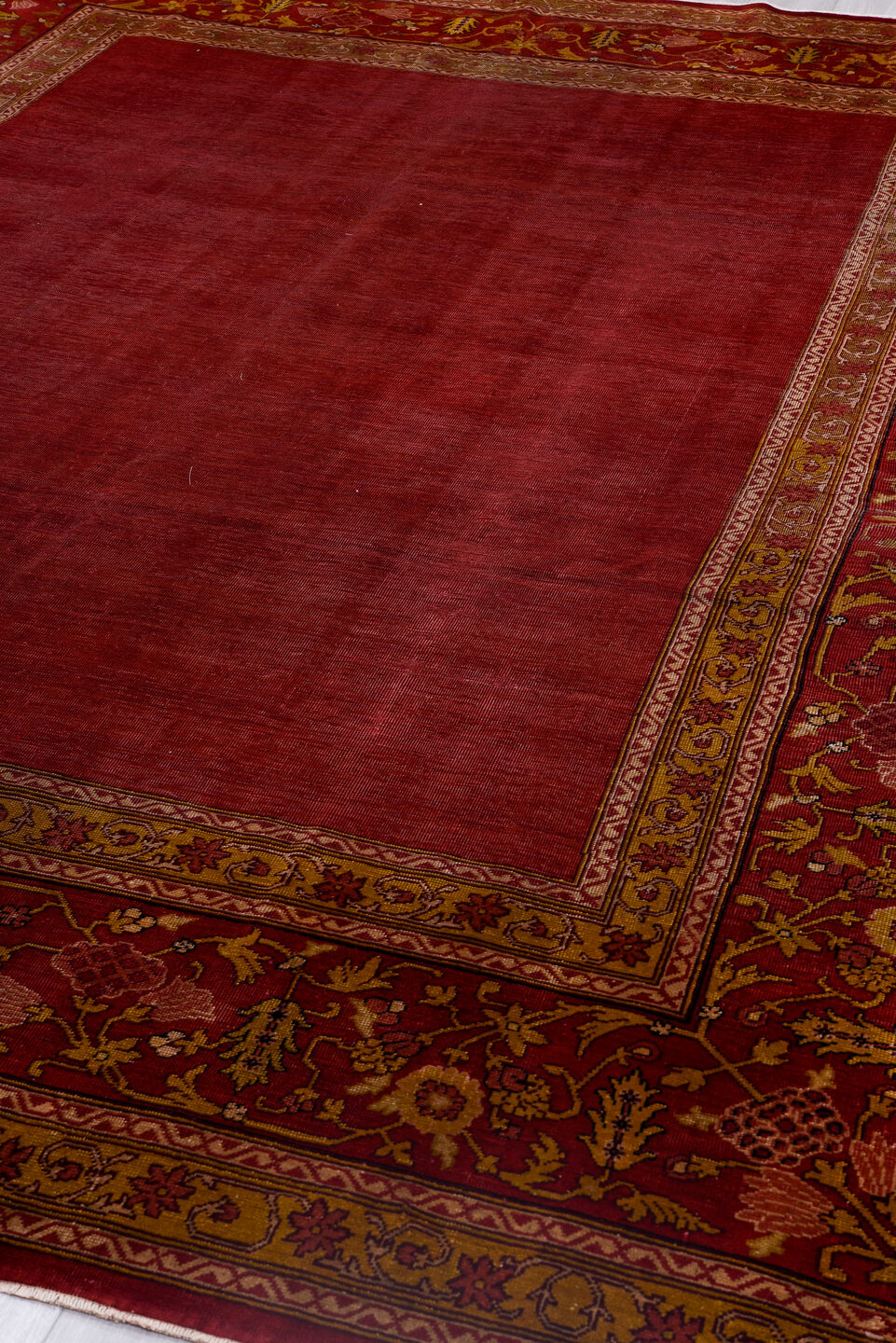 9' x 12' one-of-a-kind handmade antique Agra large size rug. Color palette: red, burgundy, camel, ivory, gold, rose, olive