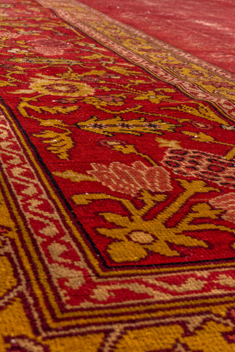 9' x 12' one-of-a-kind handmade vintage Agra large size rug. Color palette: brown, off-white, orange, pink, red, redwood