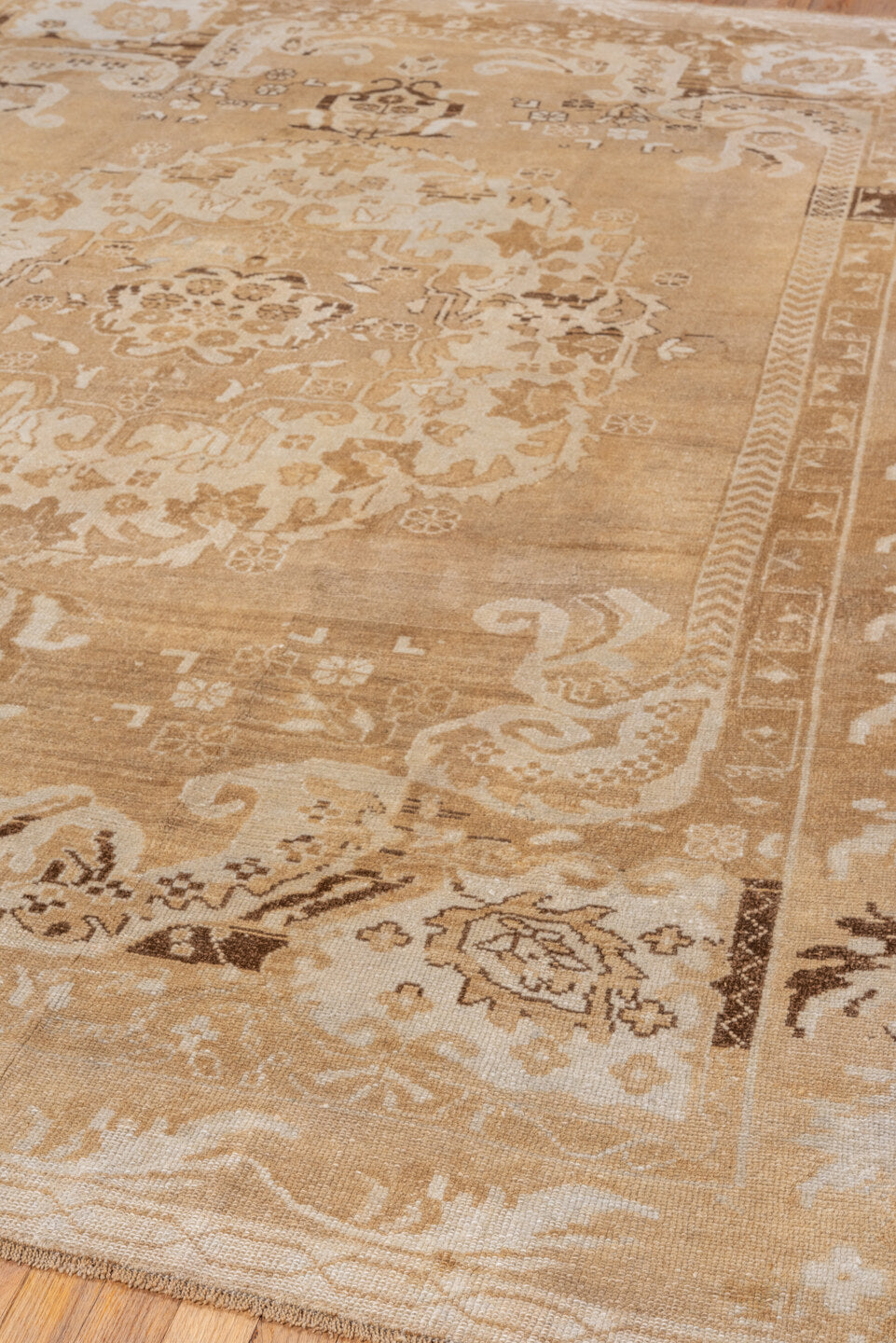 7' x 10' one-of-a-kind handmade vintage Kars large size rug. Color palette: camel, ivory, taupe, beige, brown, gray