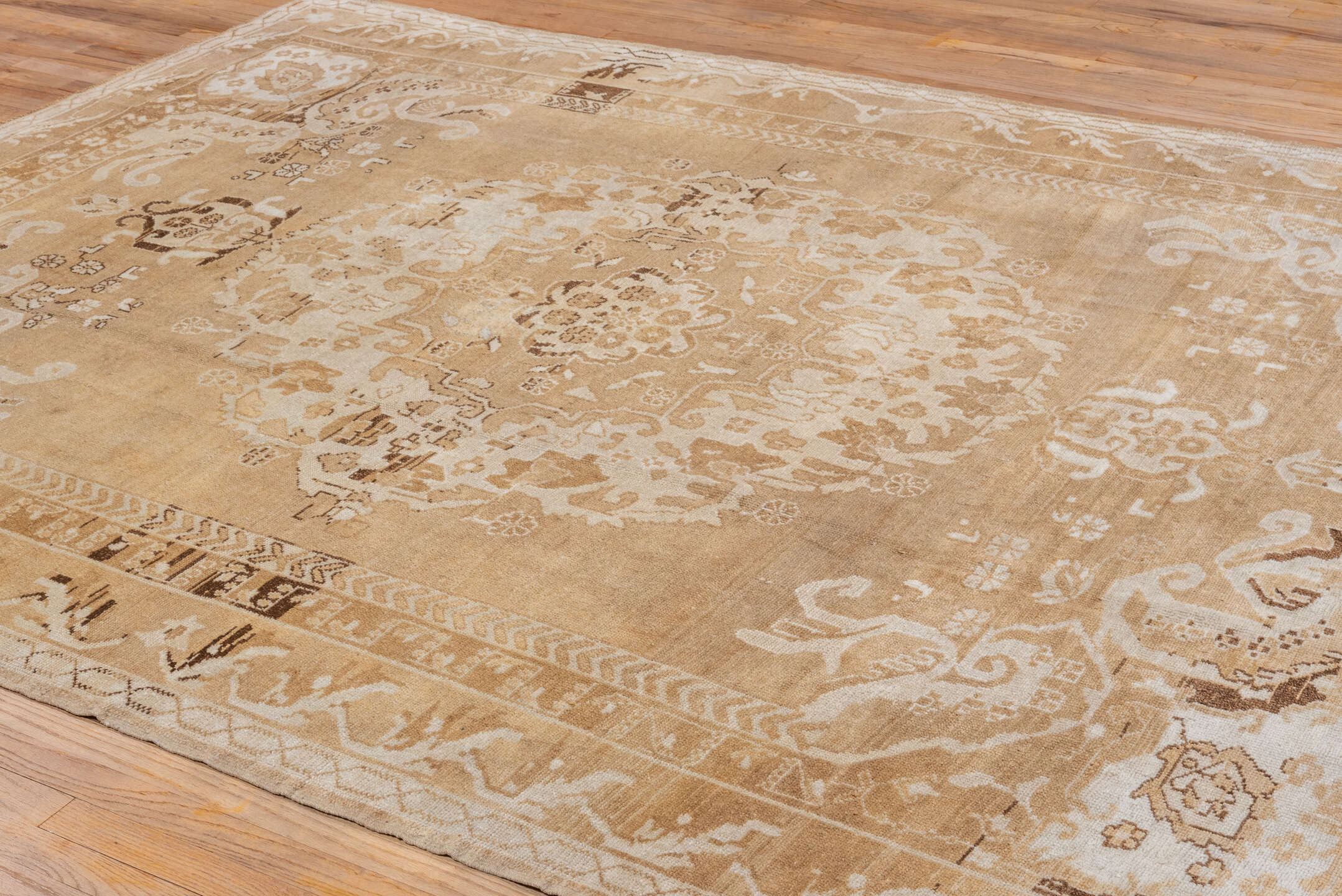 7' x 10' one-of-a-kind handmade vintage Kars large size rug. Color palette: camel, ivory, taupe, beige, brown, gray