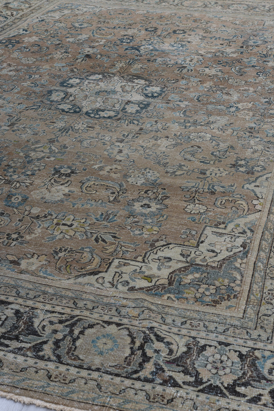 8' x 12' one-of-a-kind handmade vintage Mahal large size rug. Color palette: taupe, slate, ivory, blue, charcoal, beige