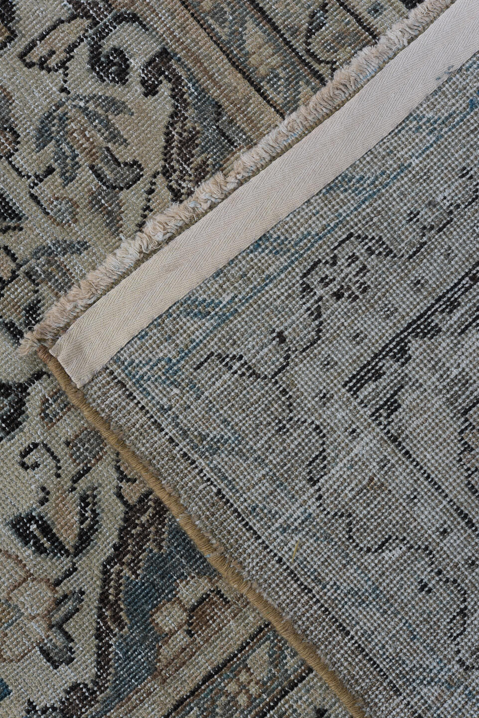 8' x 12' one-of-a-kind handmade vintage Mahal large size rug. Color palette: taupe, slate, ivory, blue, charcoal, beige