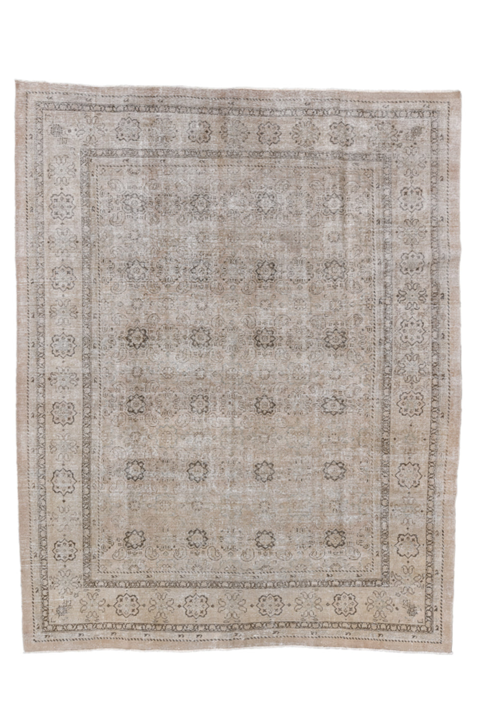 10' x 12' one-of-a-kind handmade antique Mahal large size rug. Color palette: ivory, beige, taupe, camel, brown, greige