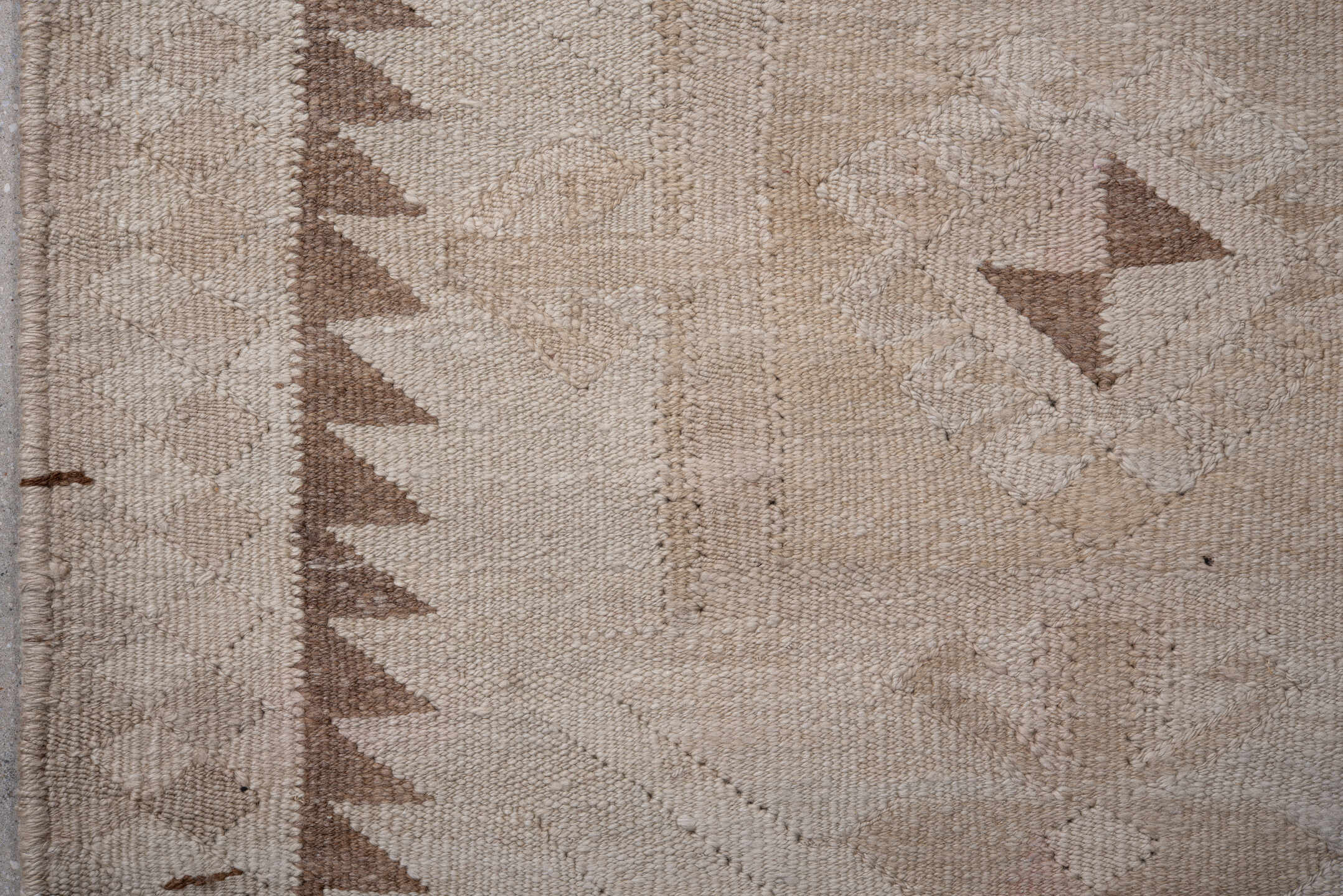 3' x 13' one-of-a-kind handmade vintage Kilim runner rug. Color palette: brown, gainsboro, gray, light gray, off-white, pink
