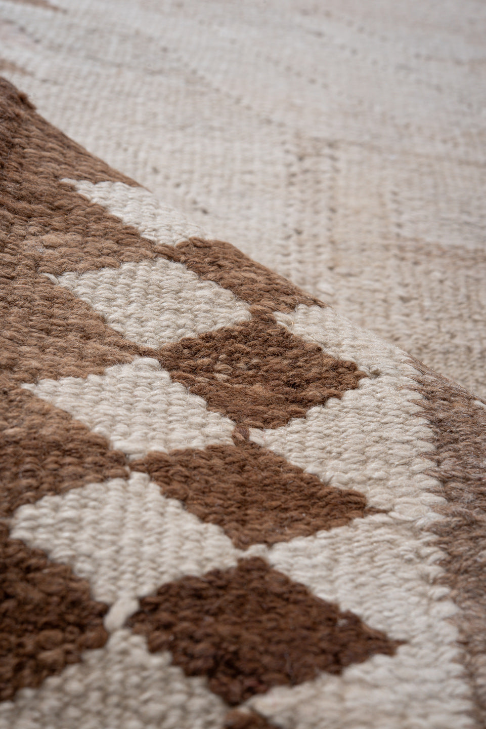 3' x 13' one-of-a-kind handmade vintage Kilim runner rug. Color palette: brown, gainsboro, gray, light gray, off-white, pink