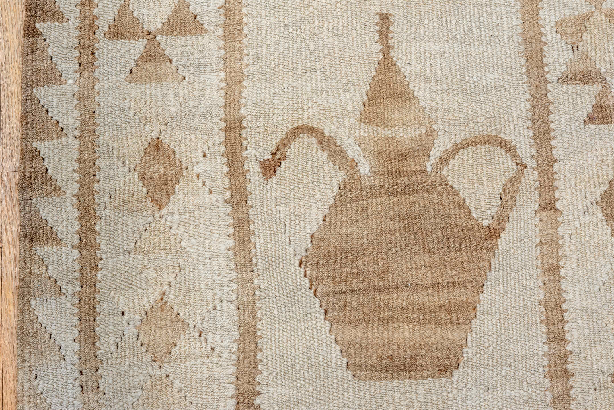 2' x 11' one-of-a-kind handmade antique Kilim runner rug. Color palette: ivory, taupe, brown, camel, beige, gray