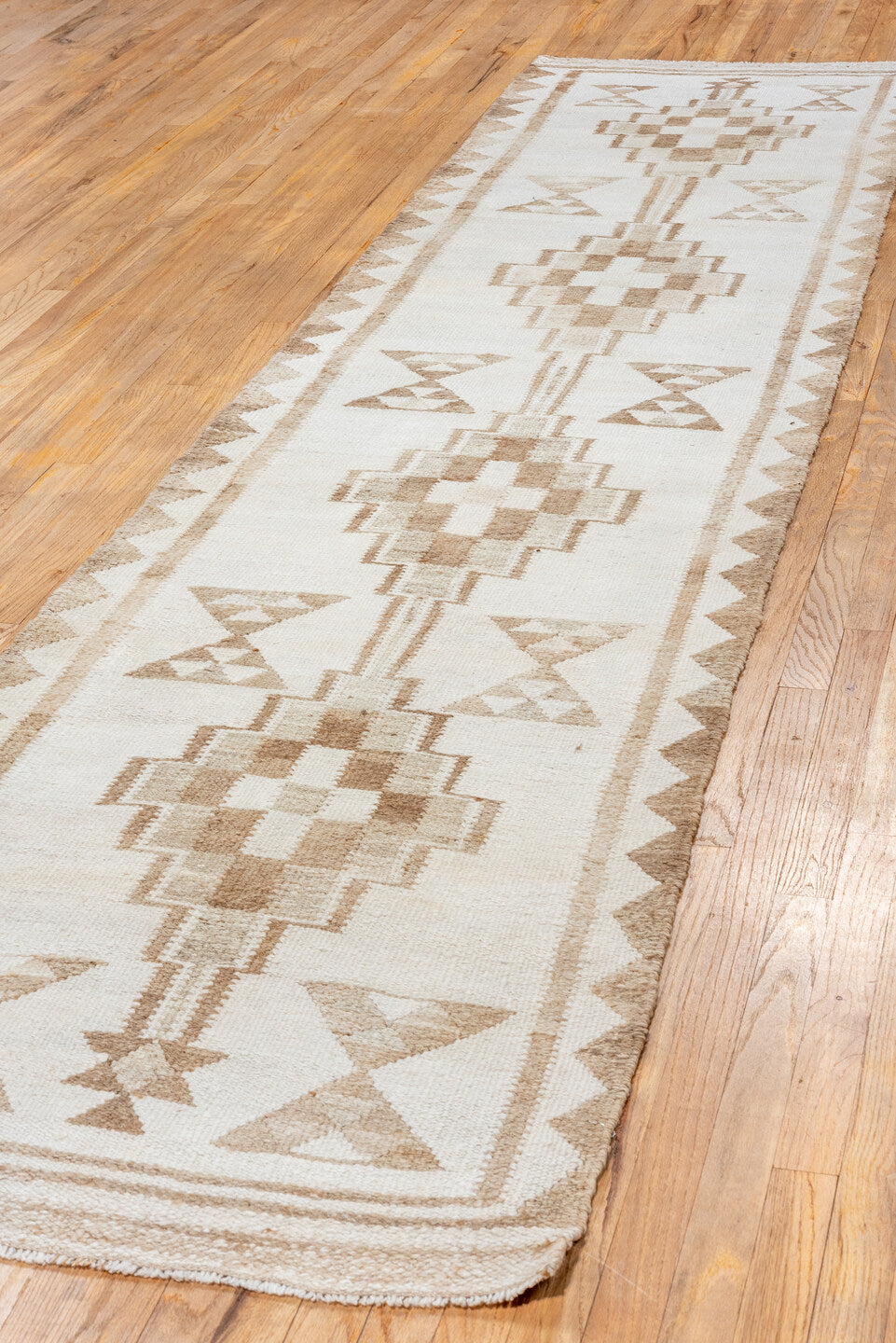 3' x 12' one-of-a-kind handmade vintage Kilim runner rug. Color palette: brown, gray, light gray, linen, off-white, old lace