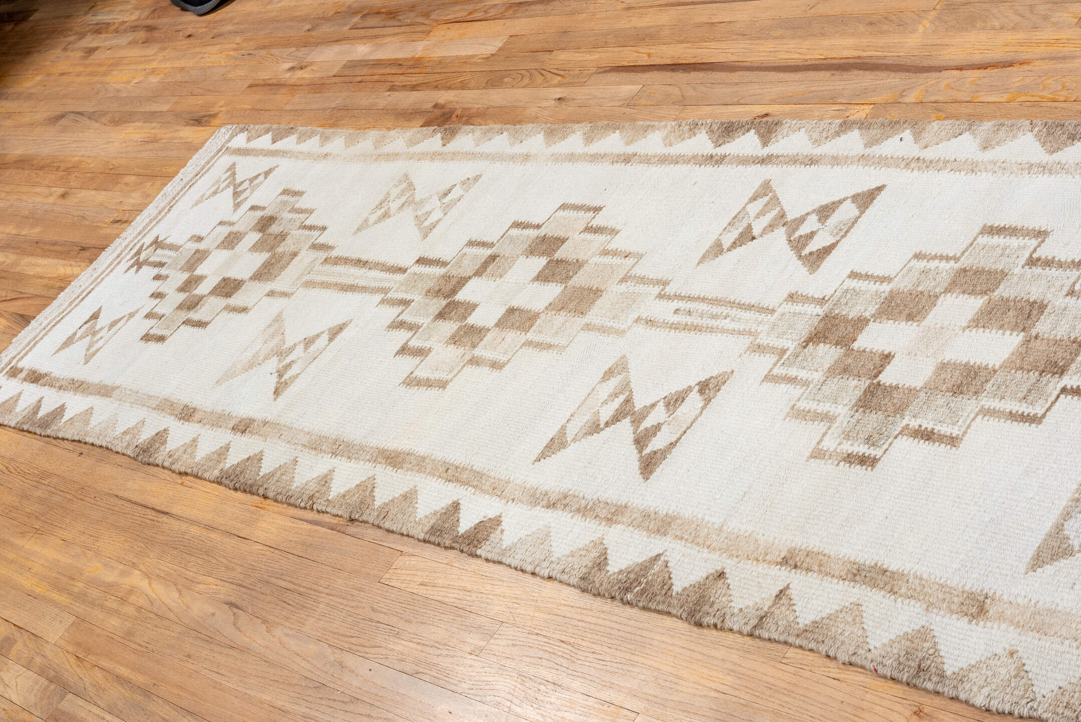 3' x 12' one-of-a-kind handmade vintage Kilim runner rug. Color palette: brown, gray, light gray, linen, off-white, old lace