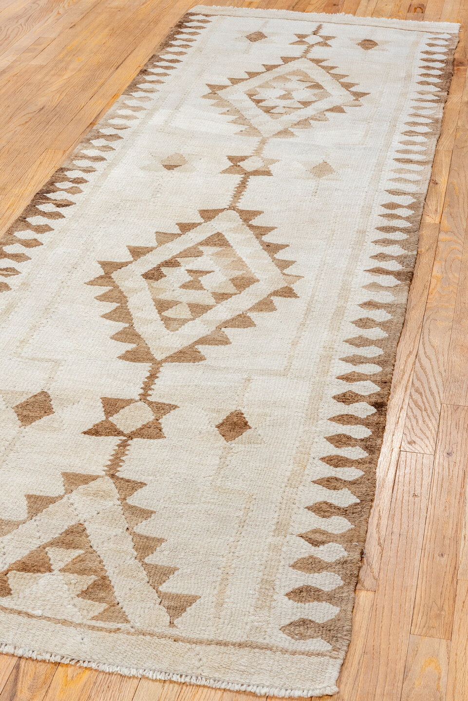 3' x 9' one-of-a-kind handmade antique Kilim runner rug. Color palette: ivory, taupe, brown, beige, gray