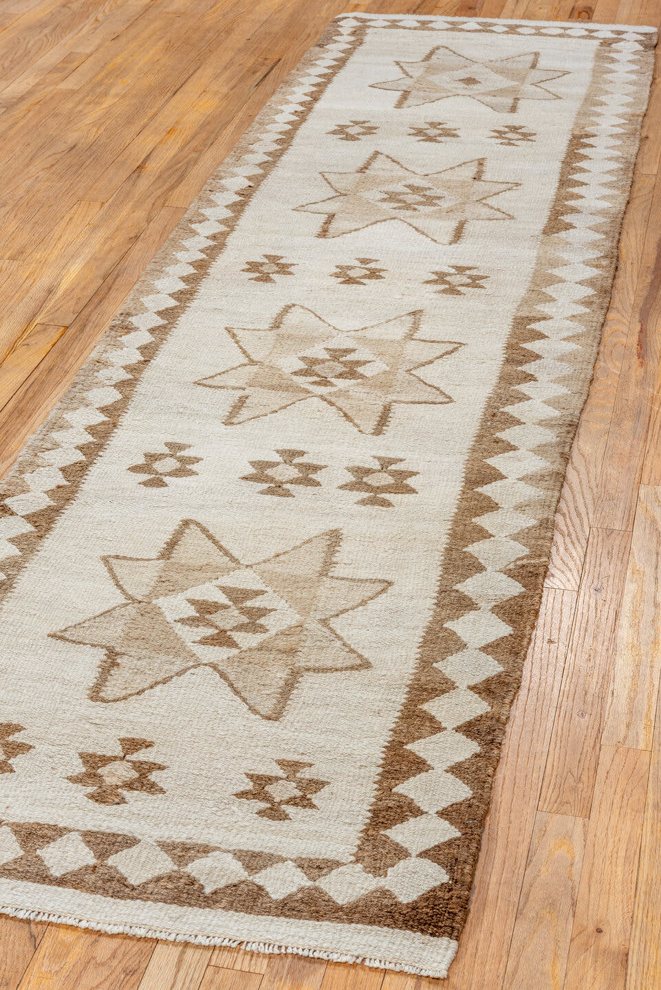 2' x 10' one-of-a-kind handmade antique Kilim runner rug. Color palette: ivory, taupe, brown, camel, beige, gray