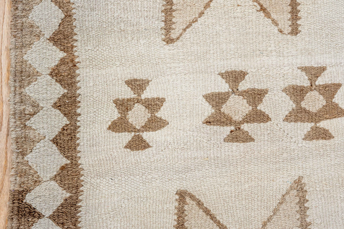 2' x 10' one-of-a-kind handmade antique Kilim runner rug. Color palette: ivory, taupe, brown, camel, beige, gray