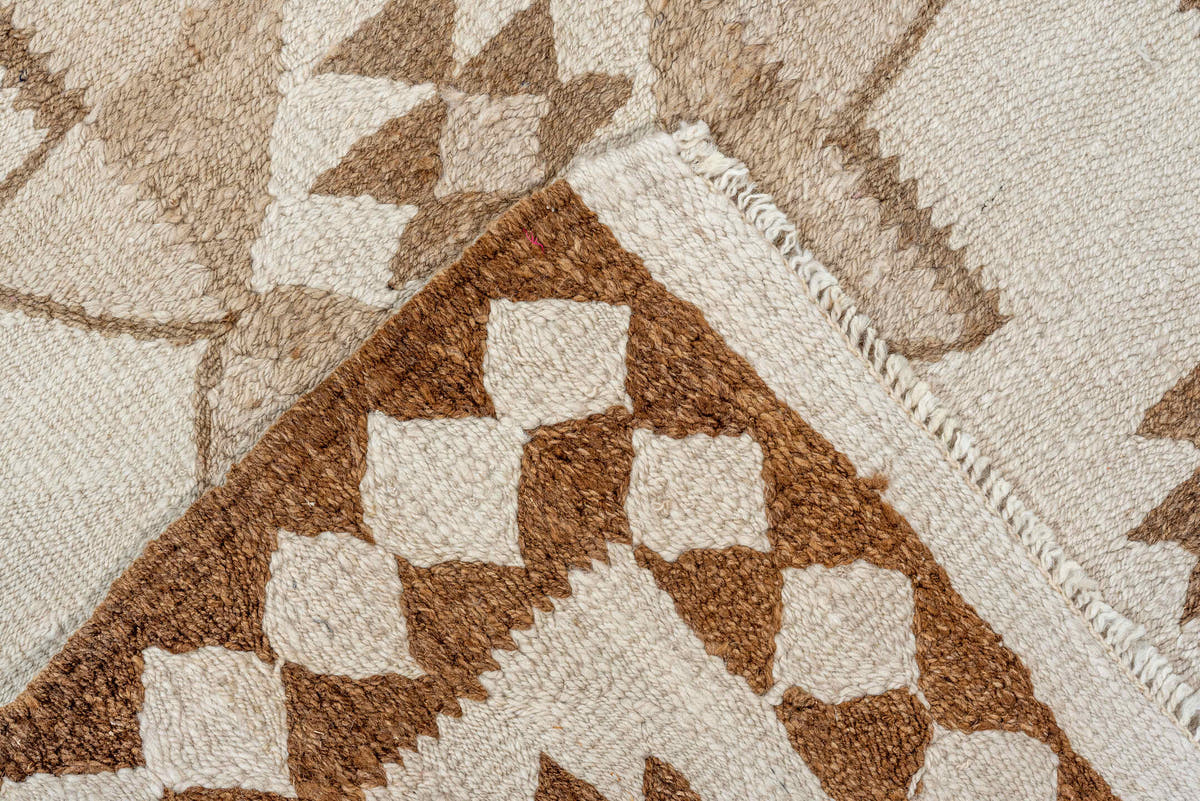 2' x 10' one-of-a-kind handmade antique Kilim runner rug. Color palette: ivory, taupe, brown, camel, beige, gray