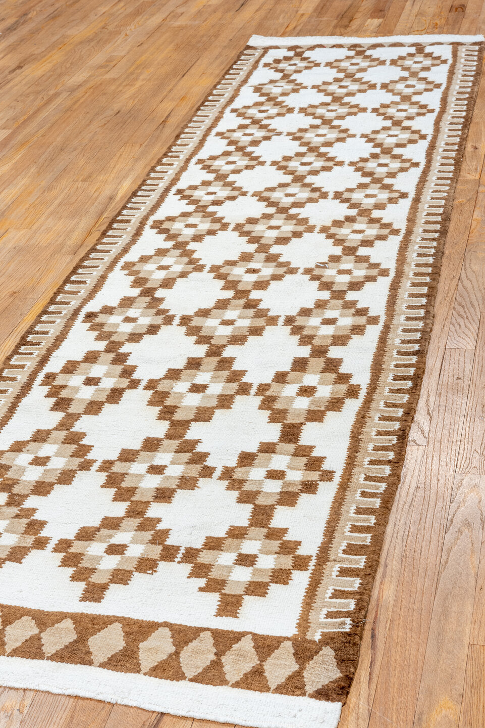2' x 9' one-of-a-kind handmade vintage Kilim runner rug. Color palette: antiquewhite, blanched almond, brown, gainsboro