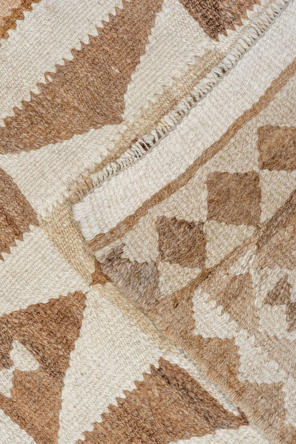2' x 10' one-of-a-kind handmade antique Kilim runner rug. Color palette: ivory, taupe, camel, brown, beige, gray