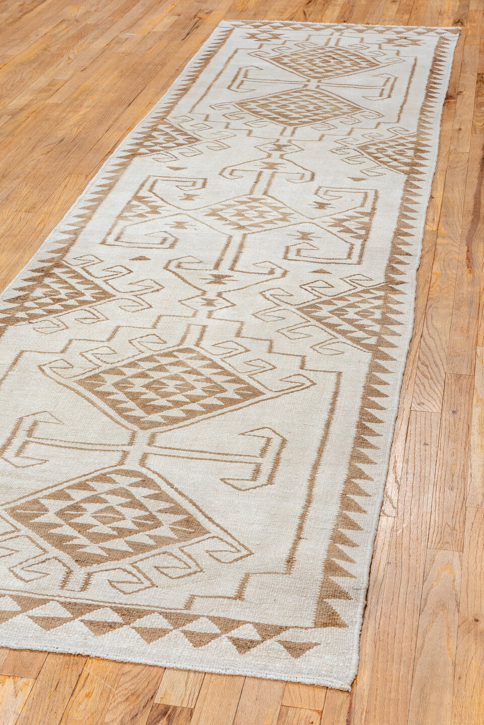 3' x 11' one-of-a-kind handmade antique Kilim runner rug. Color palette: ivory, taupe, camel, brown, beige, gray
