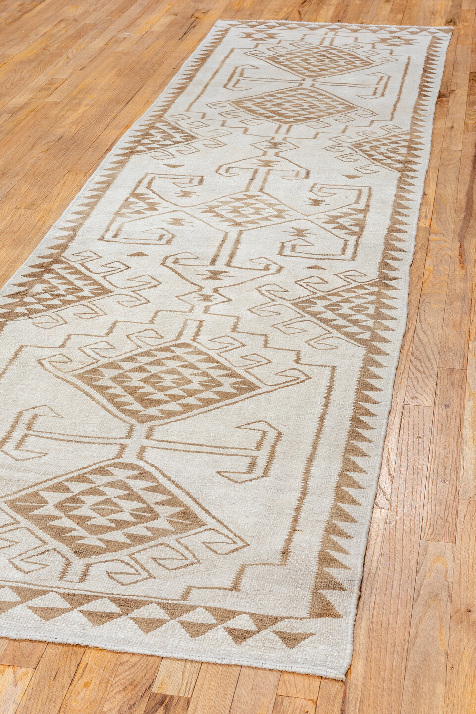 3' x 11' one-of-a-kind handmade antique Kilim runner rug. Color palette: ivory, taupe, camel, brown, beige, gray