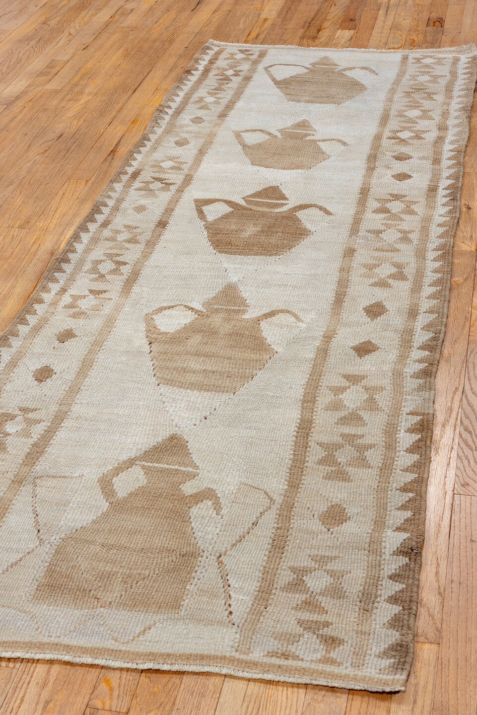 2' x 8' one-of-a-kind handmade antique Kilim runner rug. Color palette: ivory, camel, taupe, beige, gray