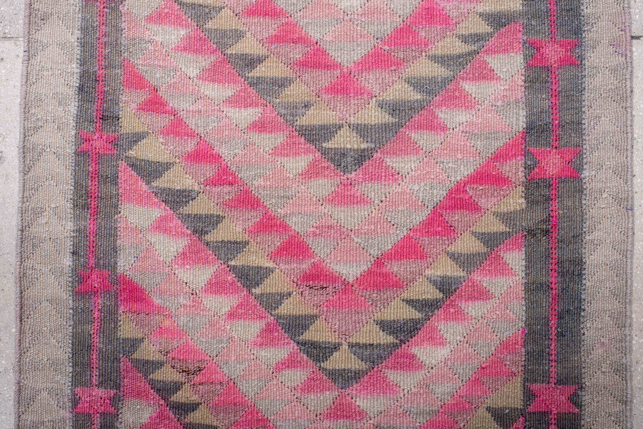 3' x 11' one-of-a-kind handmade vintage Kilim runner rug. Color palette: pink, gray, ivory, charcoal, rose, black, red
