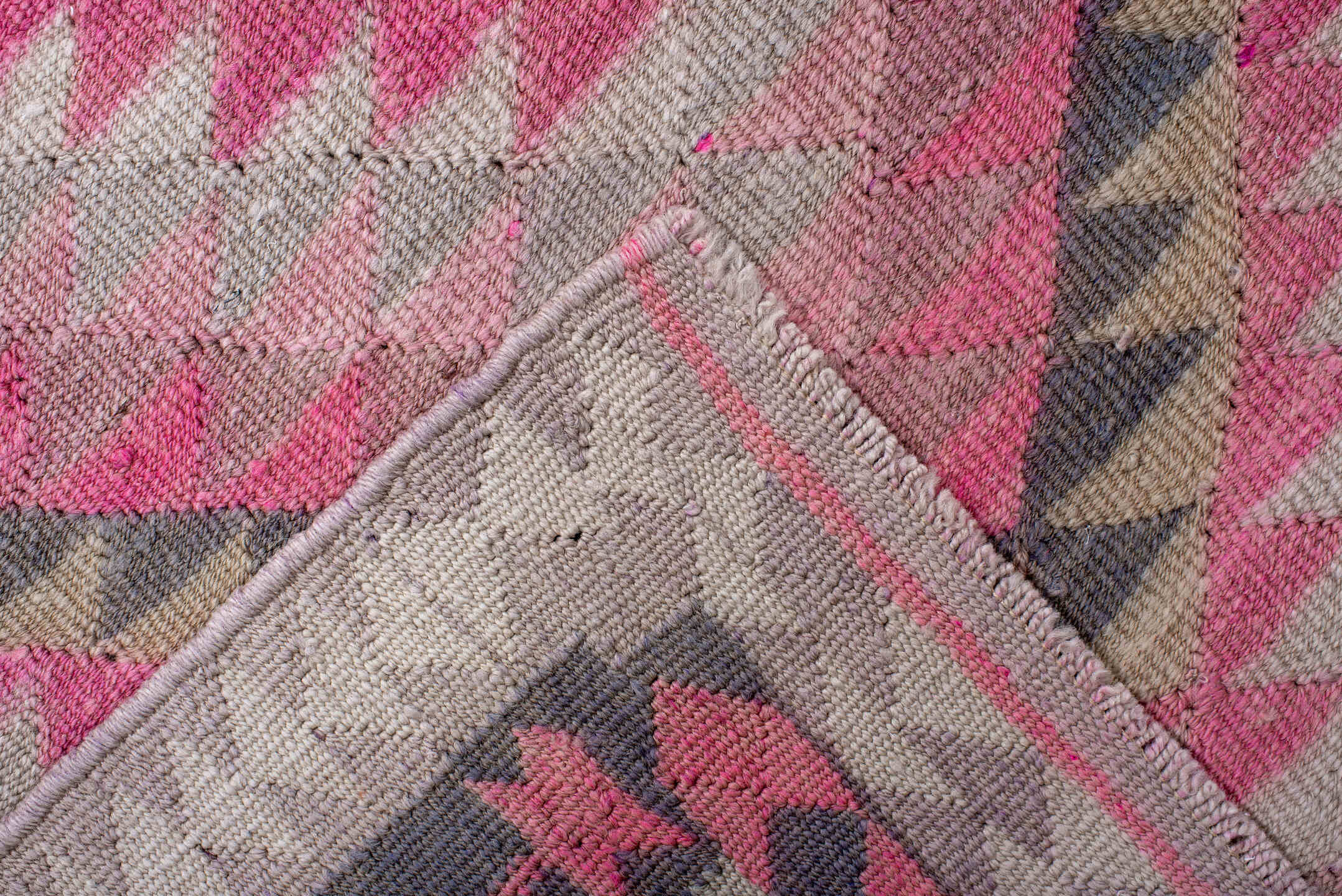 3' x 11' one-of-a-kind handmade vintage Kilim runner rug. Color palette: pink, gray, ivory, charcoal, rose, black, red