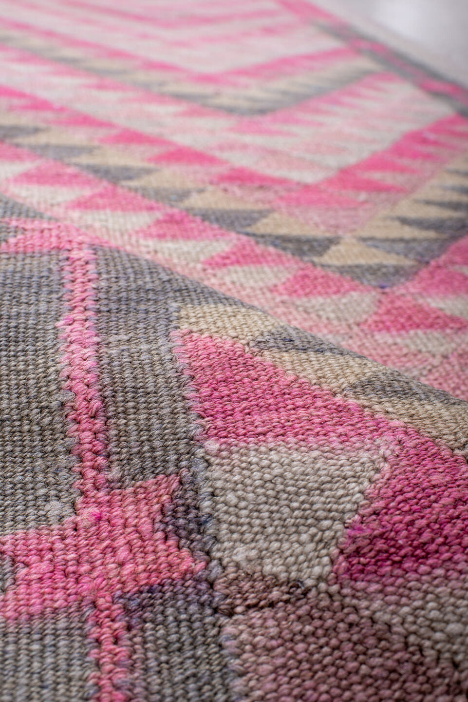 3' x 11' one-of-a-kind handmade vintage Kilim runner rug. Color palette: pink, gray, ivory, charcoal, rose, black, red