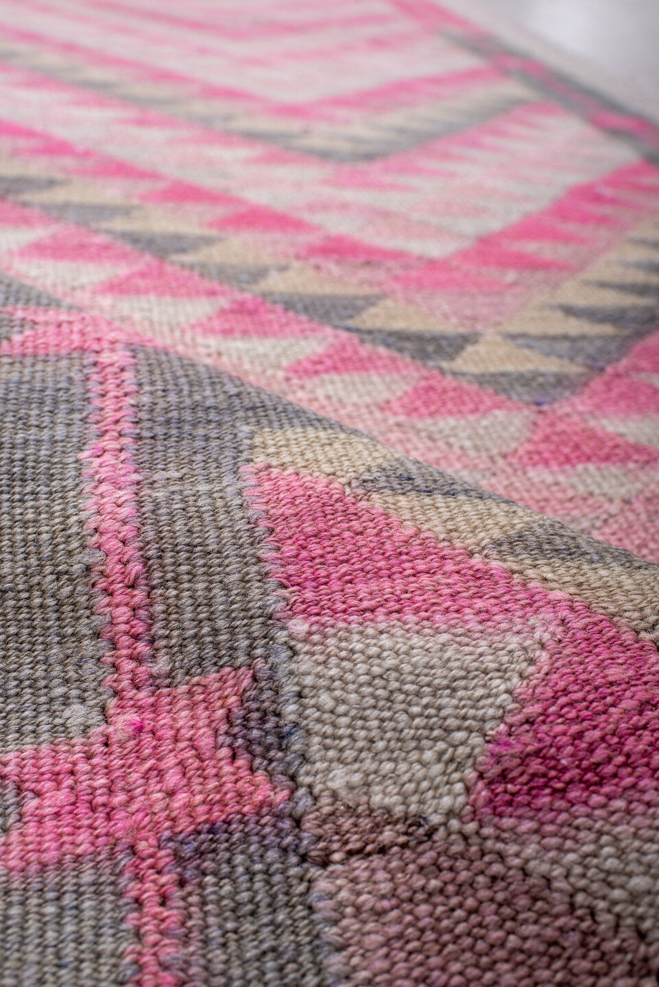 3' x 11' one-of-a-kind handmade vintage Kilim runner rug. Color palette: pink, gray, ivory, charcoal, rose, black, red