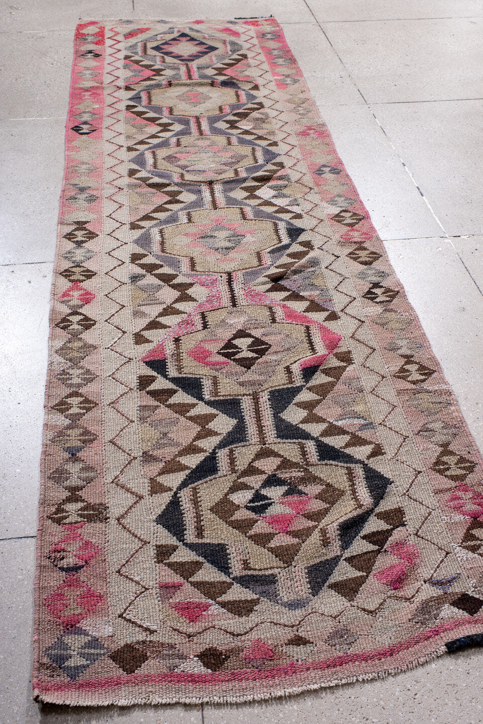 3' x 11' one-of-a-kind handmade vintage Kilim runner rug. Color palette: ivory, pink, taupe, brown, slate, charcoal, beige