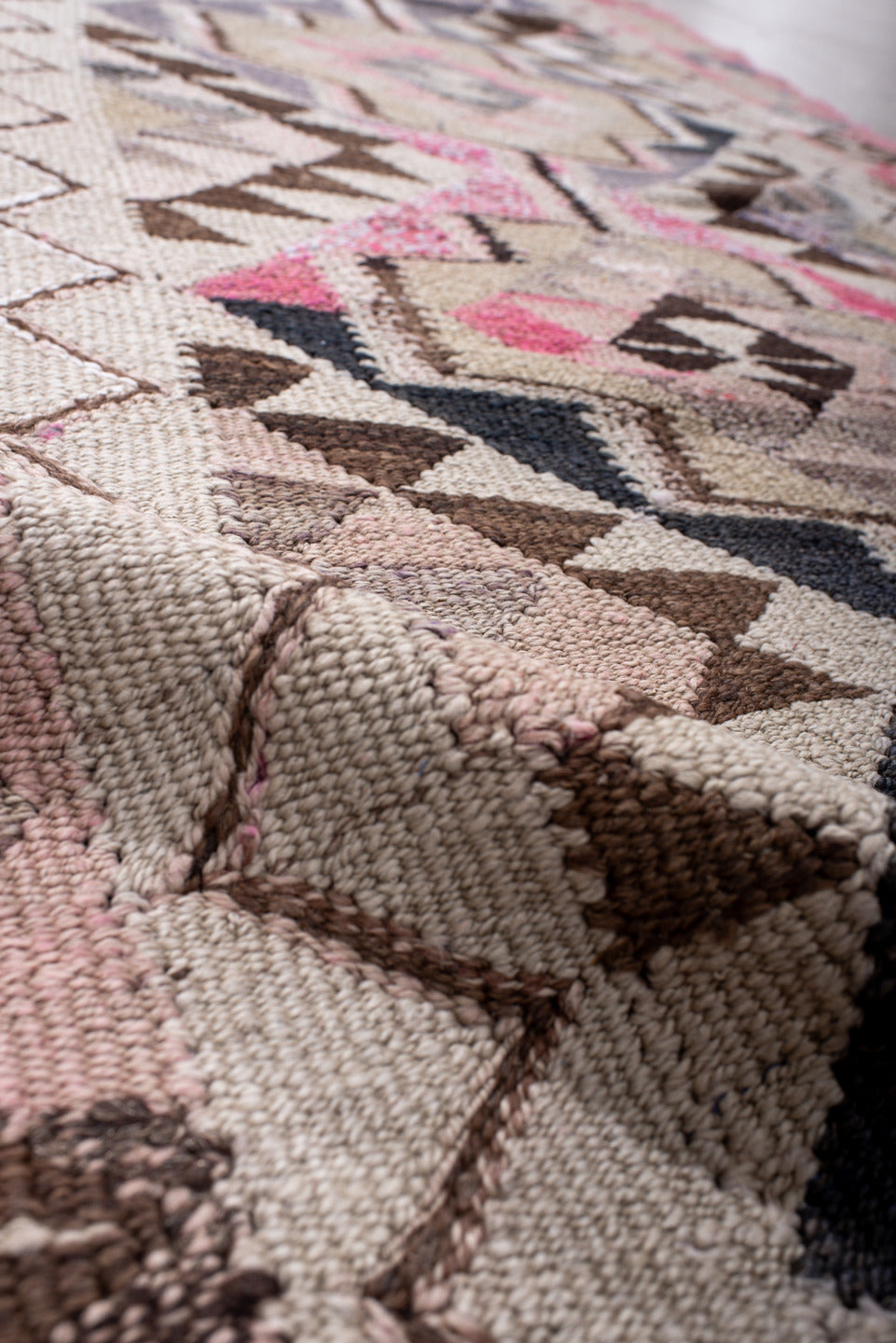 3' x 11' one-of-a-kind handmade vintage Kilim runner rug. Color palette: ivory, pink, taupe, brown, slate, charcoal, beige