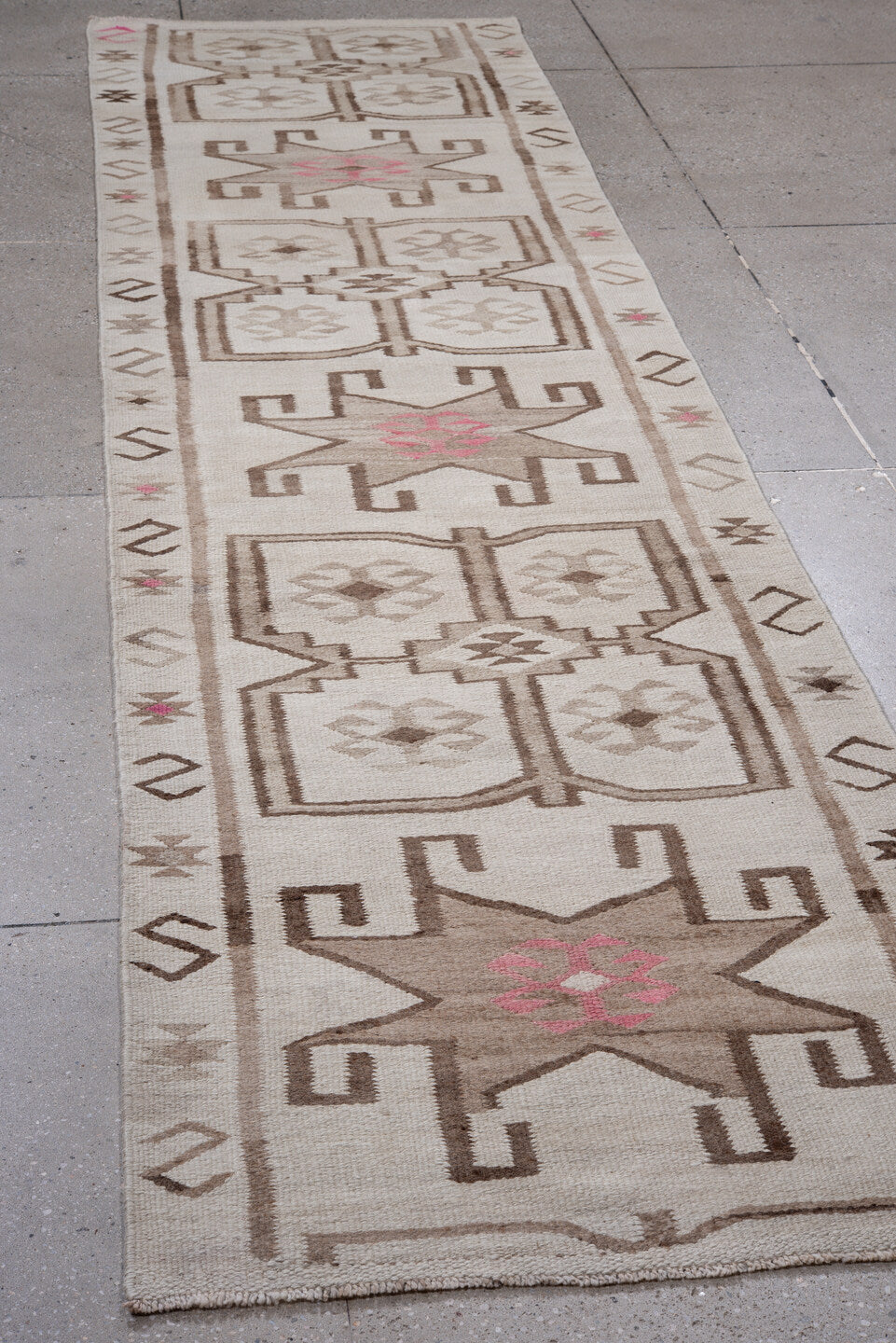 3' x 12' one-of-a-kind handmade vintage Kilim runner rug. Color palette: brown, gainsboro, gray, light gray, off-white, pink