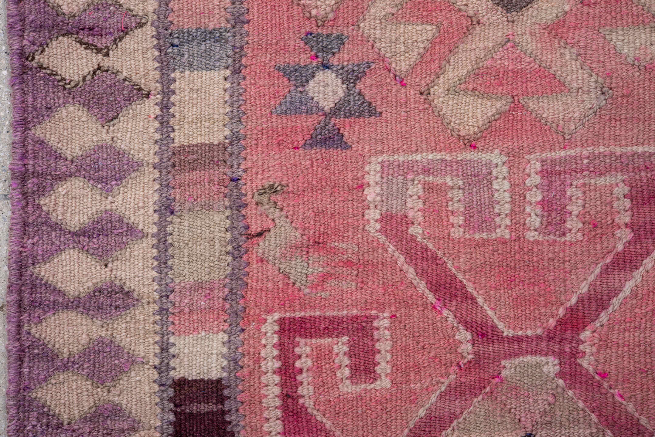 3' x 11' one-of-a-kind handmade vintage Kilim runner rug. Color palette: rose, ivory, lavender, plum, mauve, taupe, charcoal