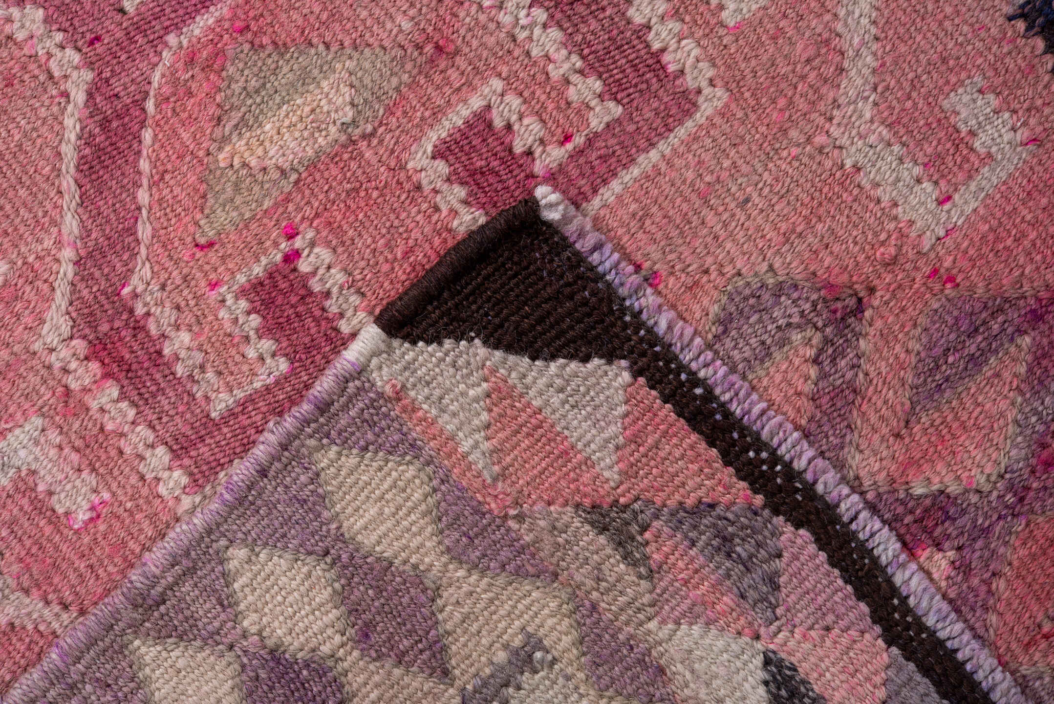 3' x 11' one-of-a-kind handmade vintage Kilim runner rug. Color palette: brown, gray, light gray, off-white, pink, red