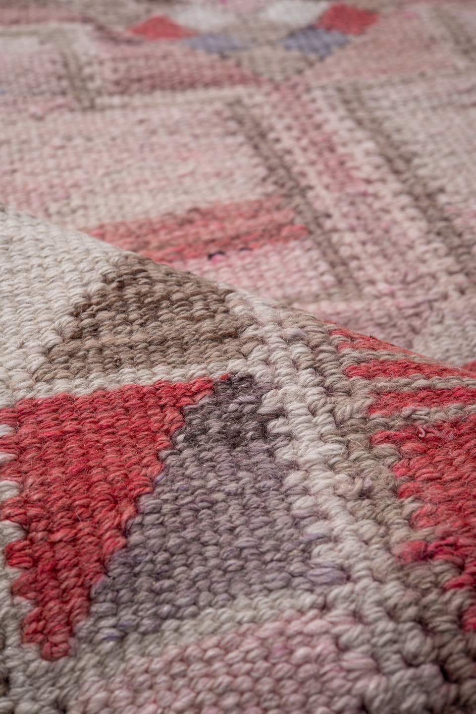 3' x 11' one-of-a-kind handmade vintage Kilim runner rug. Color palette: blush, taupe, red, rose, soft blue, ivory, mauve