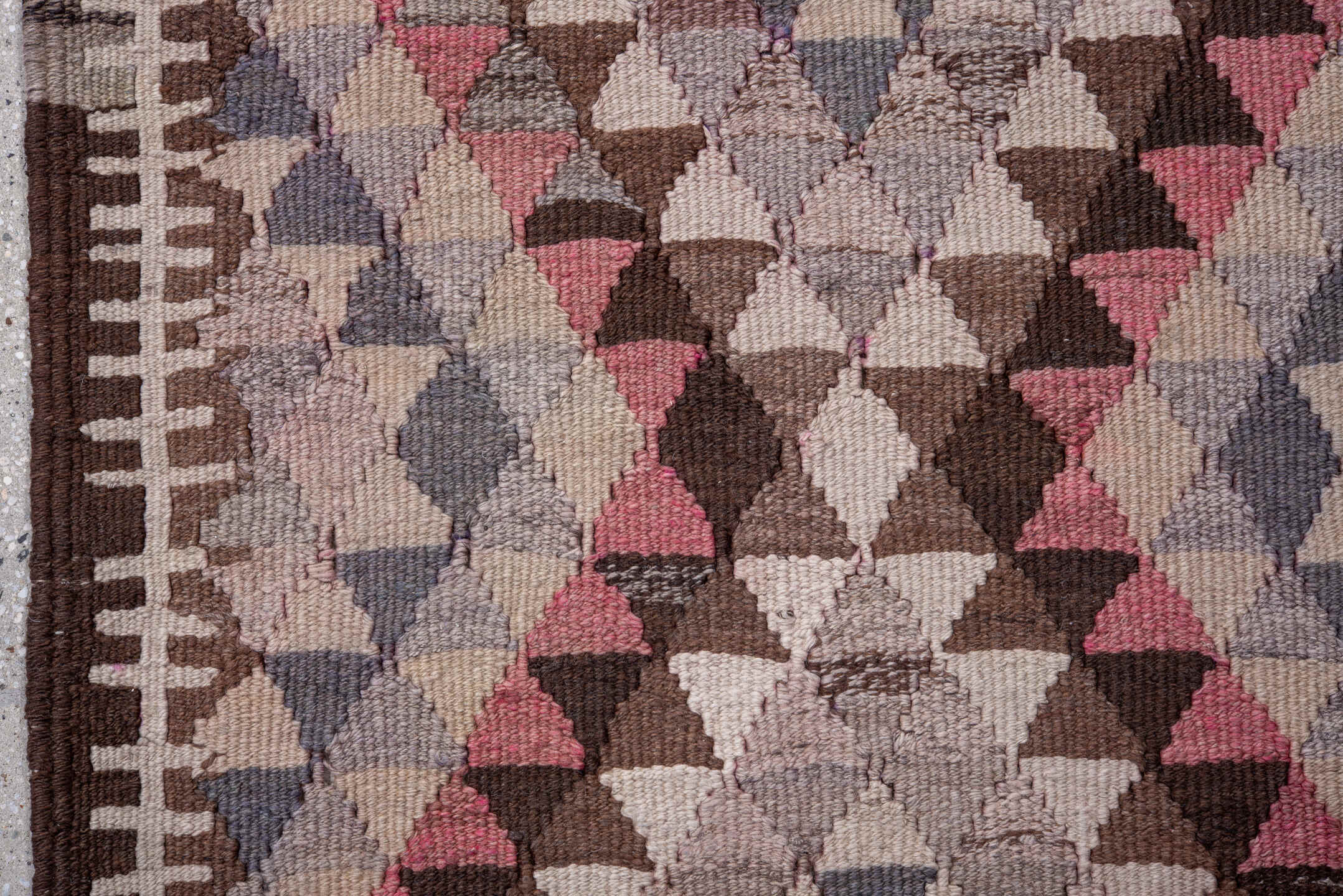 2' x 13' one-of-a-kind handmade vintage Kilim runner rug. Color palette: brown, dim gray, gray, light gray, off-white, pink