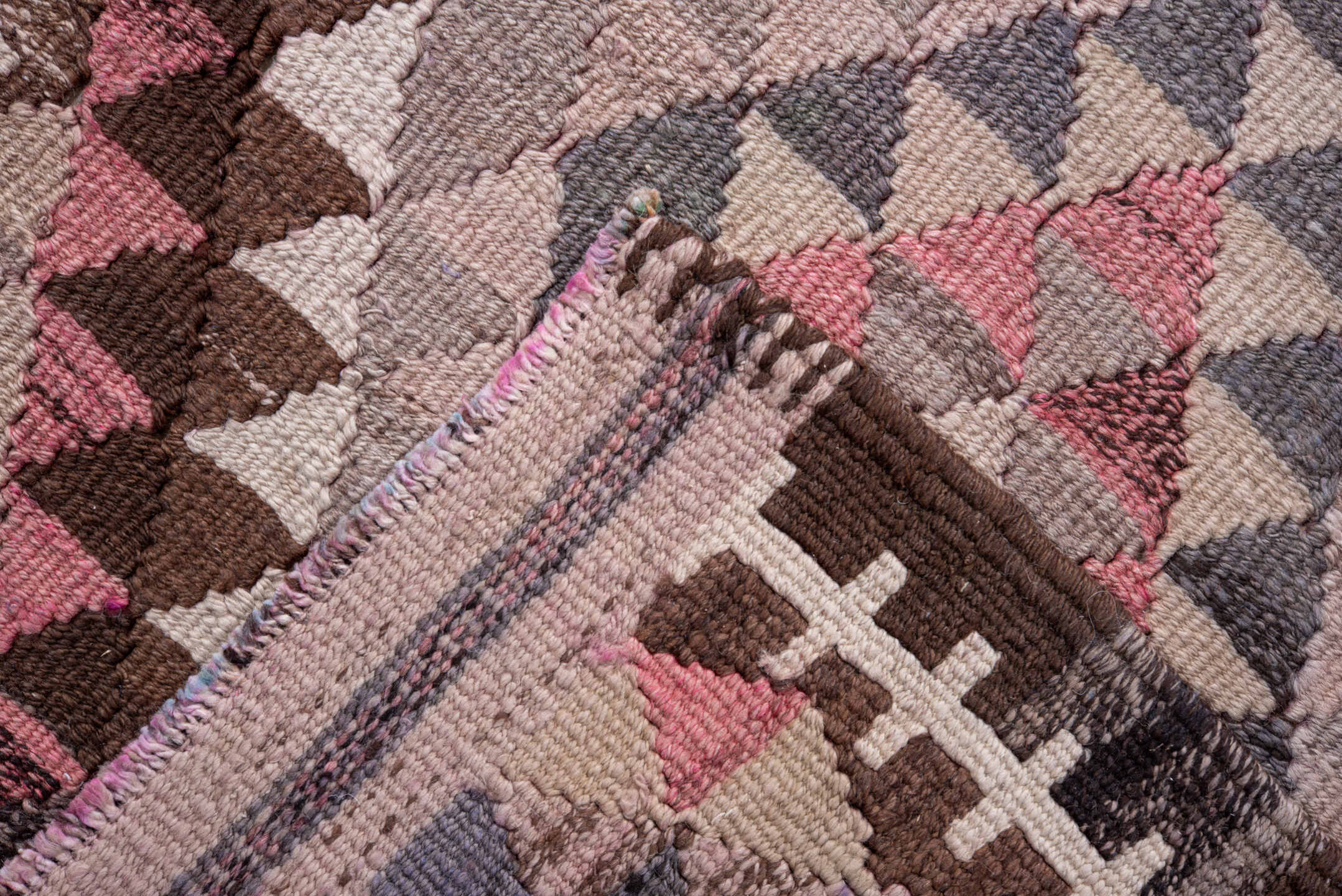 2' x 13' one-of-a-kind handmade vintage Kilim runner rug. Color palette: brown, dim gray, gray, light gray, off-white, pink