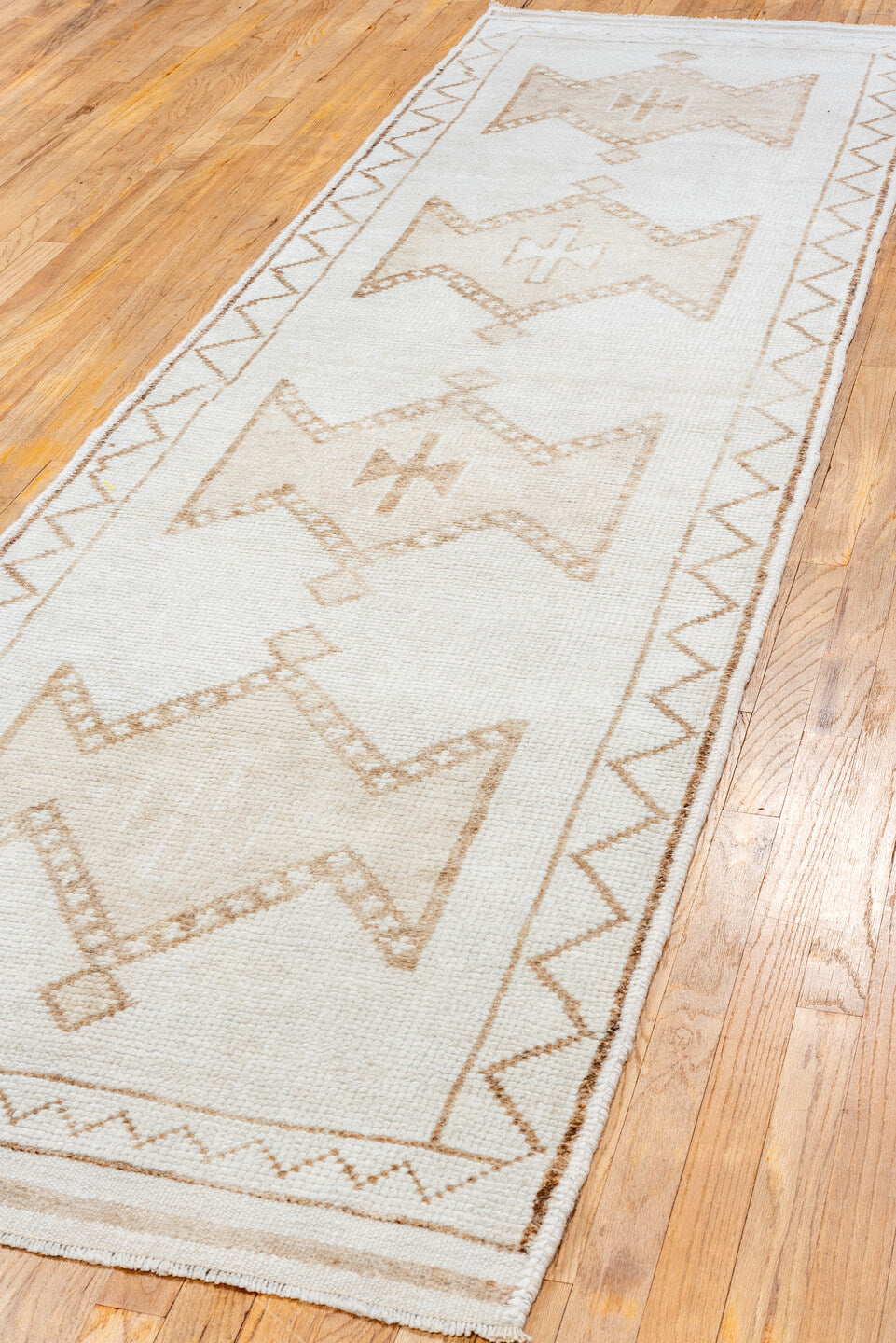 3' x 11' one-of-a-kind handmade vintage Kars runner rug. Color palette: ivory, beige, taupe, camel, gray
