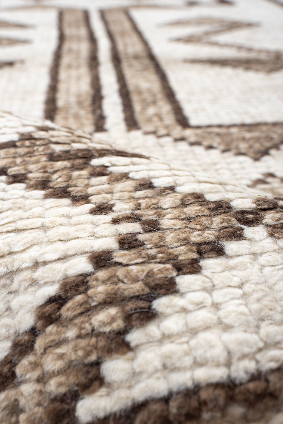 3' x 11' one-of-a-kind handmade vintage Kars runner rug. Color palette: brown, gray, light gray, linen, off-white, pink