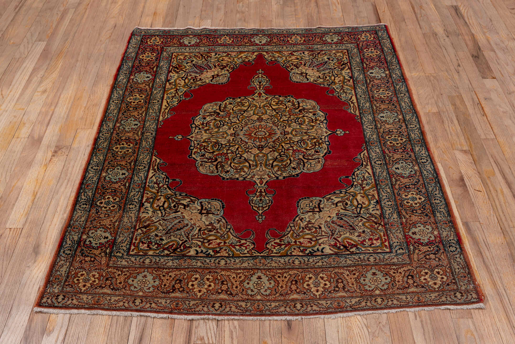 4' x 5' one-of-a-kind handmade antique Tabriz small size rug. Color palette: crimson, ivory, camel, navy, rust, taupe, slate