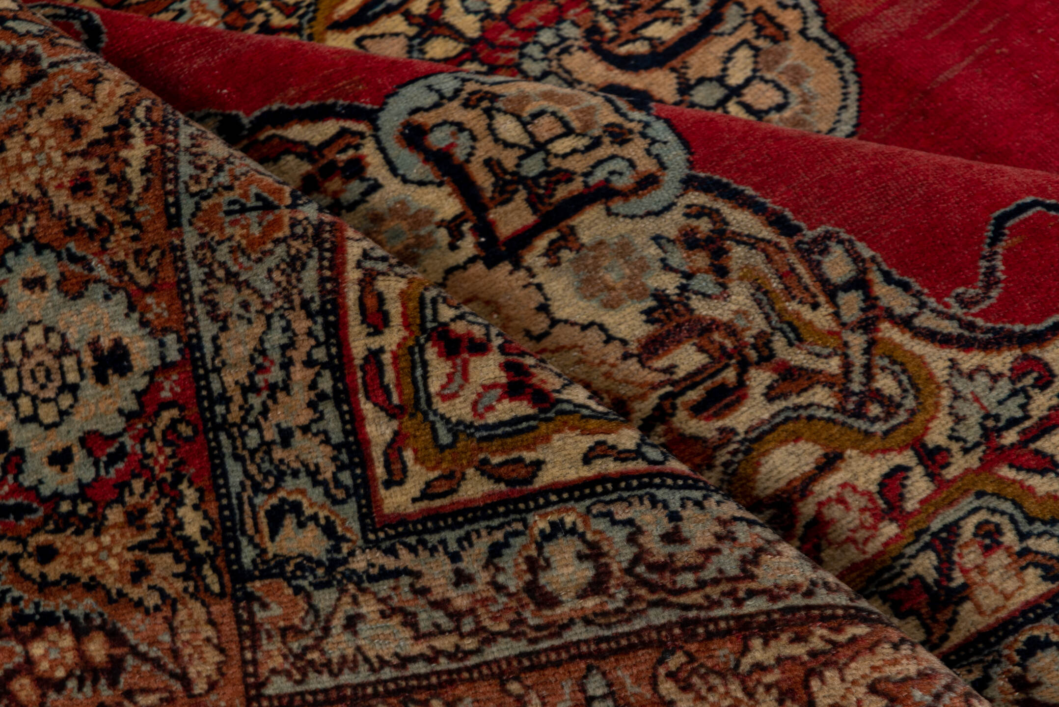 4' x 5' one-of-a-kind handmade antique Tabriz small size rug. Color palette: crimson, ivory, camel, navy, rust, taupe, slate