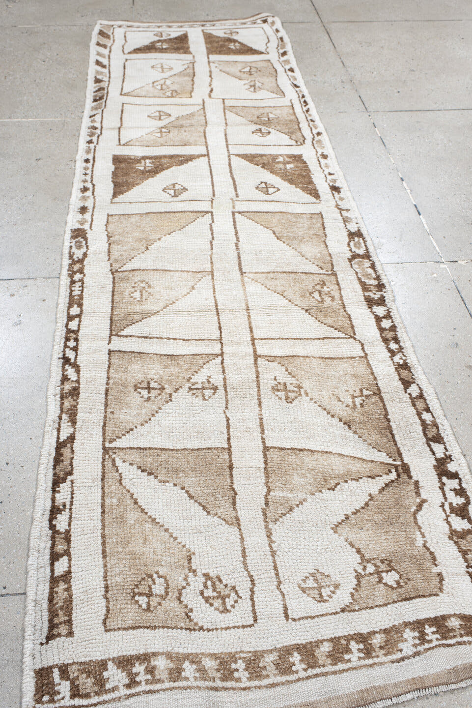 3' x 10' one-of-a-kind handmade vintage Kars runner rug. Color palette: ivory, taupe, camel, brown, beige, gray