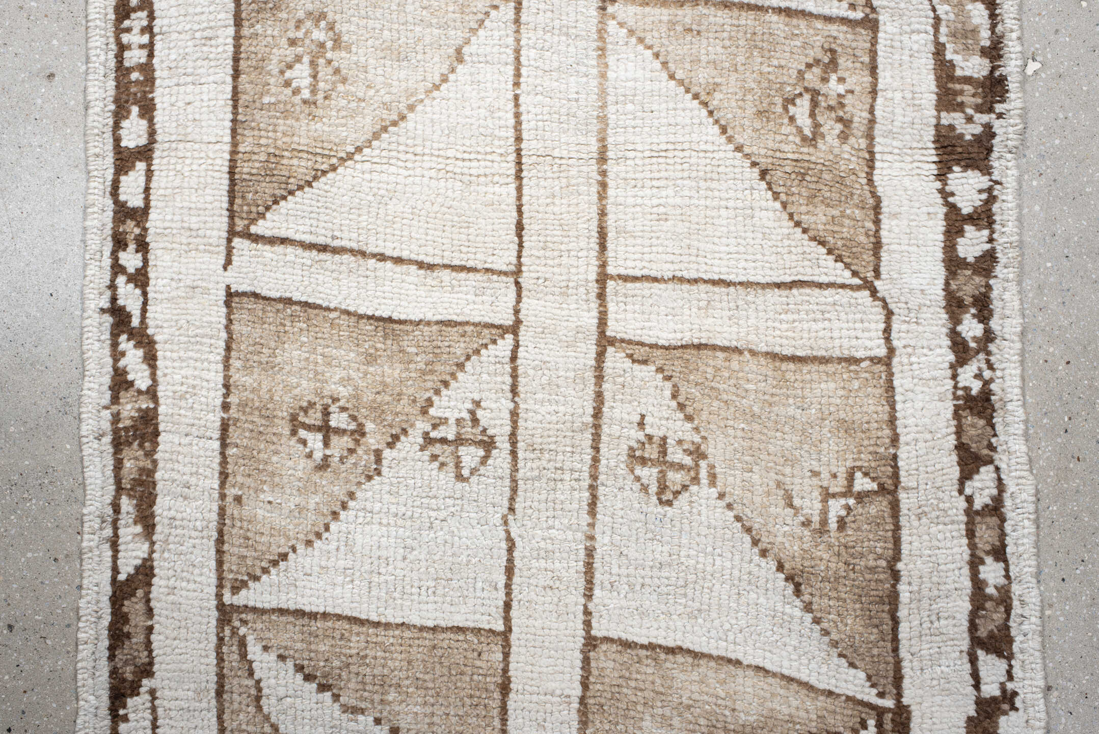 3' x 10' one-of-a-kind handmade vintage Kars runner rug. Color palette: ivory, taupe, camel, brown, beige, gray