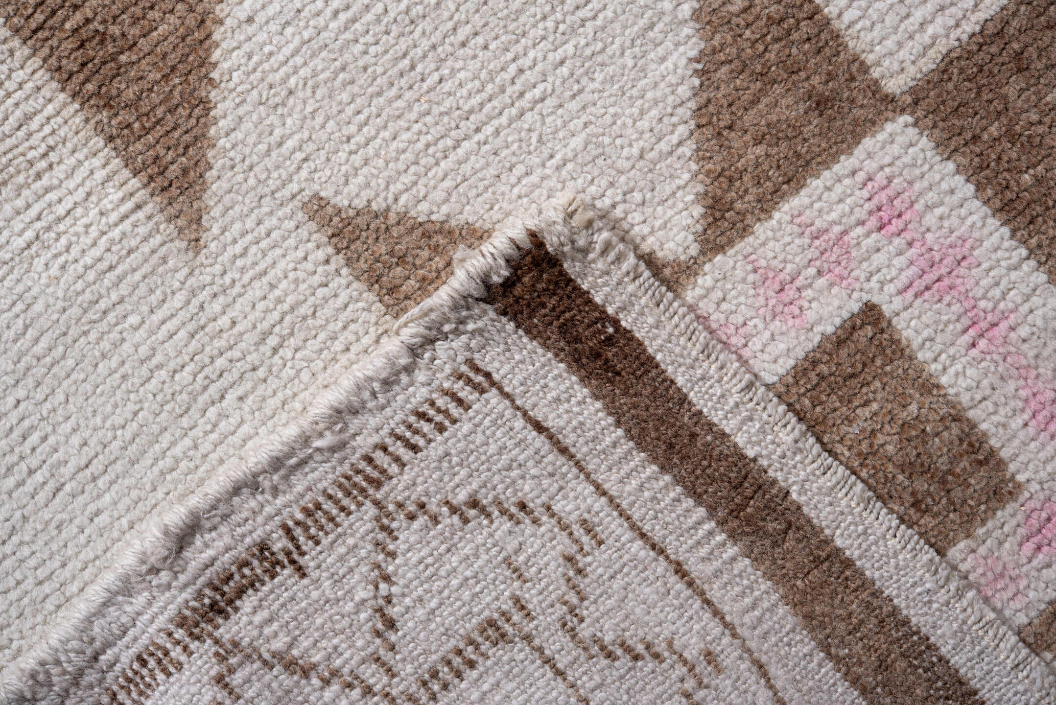 3' x 11' one-of-a-kind handmade vintage Kars runner rug. Color palette: ivory, taupe, brown, blush, beige, gray, pink